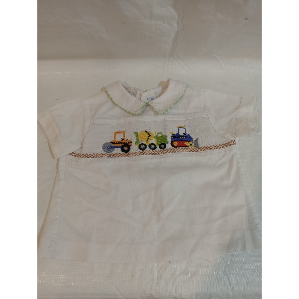 Vive La Fete Boys 18M White Smocked Construction Vehicle Short Sleeve Top